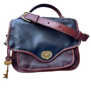 Fossil Heritage Top Handle Crossbody Bag Black & Brown Pebbled Leather